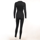Fashionable Sports Leather Webbing Zipper Tight Hip Jumpsuit