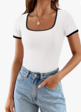 Ribbed Knit Square Neck Colorblock Slim Fit Lounge Top