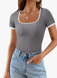 Ribbed Knit Square Neck Colorblock Slim Fit Lounge Top