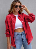 Raw Edge Ripped Denim Jacket Fall Long Sleeve Casual Lapel Top