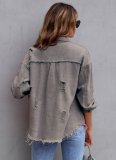 Raw Edge Ripped Denim Jacket Fall Long Sleeve Casual Lapel Top