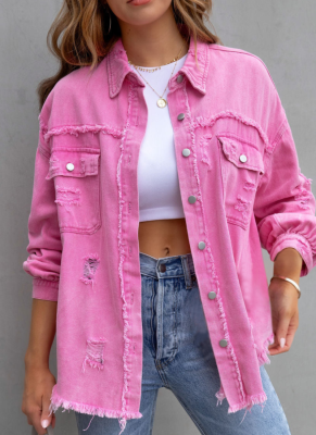 Raw Edge Ripped Denim Jacket Fall Long Sleeve Casual Lapel Top