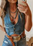 Personalized Women's Sleeveless Single-Breasted V-Neck Top Denim Vest