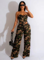 Sexy Camouflage Tube Top High Waist Butt Lifting Straight Pants Two Piece Set