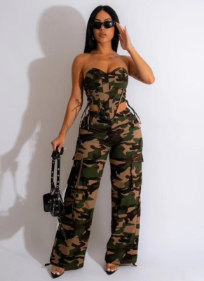 Sexy Camouflage Tube Top High Waist Butt Lifting Straight Pants Two Piece Set