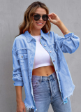 Raw Edge Ripped Denim Jacket Fall Long Sleeve Casual Lapel Top