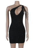 Black Hot Diamond One-Shoulder Hollow Hip Dress