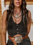 Personalized Women's Sleeveless Single-Breasted V-Neck Top Denim Vest
