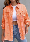 Raw Edge Ripped Denim Jacket Fall Long Sleeve Casual Lapel Top