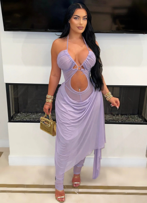 Sexy Suspender Solid Color Hollow See-through Jumpsuit