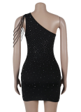Black Hot Diamond One-Shoulder Hollow Hip Dress