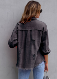 Raw Edge Ripped Denim Jacket Fall Long Sleeve Casual Lapel Top