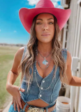 Personalized Women's Sleeveless Single-Breasted V-Neck Top Denim Vest