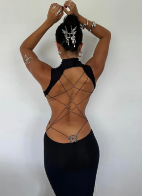 Sexy Black Backless Bow Big Backless Dress