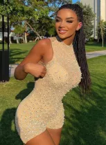 Solid Color Hollow See-Through Beaded Tight Waist Jumpsuit Shorts