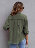 Raw Edge Ripped Denim Jacket Fall Long Sleeve Casual Lapel Top
