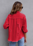 Raw Edge Ripped Denim Jacket Fall Long Sleeve Casual Lapel Top