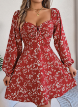 Sexy Tie Square Neck Floral Long Sleeve Dress