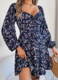 Sexy Tie Square Neck Floral Long Sleeve Dress