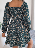 Sexy Tie Square Neck Floral Long Sleeve Dress