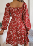 Sexy Tie Square Neck Floral Long Sleeve Dress