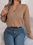 Autumn And Winter Elegant Solid Color Layered V-Neck Long-Sleeved Shirt