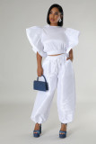 Cute Youthful Fungus Sleeves High Waist Strap Elastic Trousers Suit