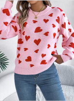 Casual O-Neck Contrasting Heart Lantern Sleeve Sweater