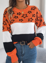 Casual Colorblock Star Hollow Lantern Sleeve Pullover Sweater
