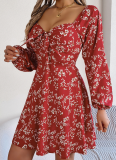 Sexy Tie Square Neck Floral Long Sleeve Dress