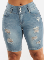 Blue Elastic High Waist Ripped Hip-Lifting Denim Shorts