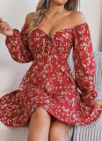 Sexy Tie Square Neck Floral Long Sleeve Dress
