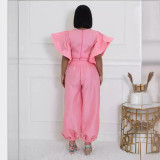 Cute Youthful Fungus Sleeves High Waist Strap Elastic Trousers Suit