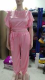 Cute Youthful Fungus Sleeves High Waist Strap Elastic Trousers Suit
