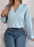 Autumn And Winter Elegant Solid Color Layered V-Neck Long-Sleeved Shirt