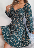 Sexy Tie Square Neck Floral Long Sleeve Dress