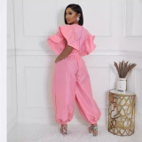 Cute Youthful Fungus Sleeves High Waist Strap Elastic Trousers Suit