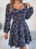 Sexy Tie Square Neck Floral Long Sleeve Dress