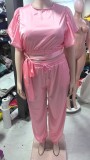 Cute Youthful Fungus Sleeves High Waist Strap Elastic Trousers Suit