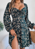 Sexy Tie Square Neck Floral Long Sleeve Dress