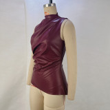 Statement Leather Stack-neck Waist-cut Sleeveless Top
