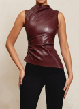 Statement Leather Stack-neck Waist-cut Sleeveless Top