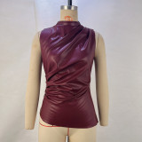 Statement Leather Stack-neck Waist-cut Sleeveless Top