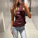 Statement Leather Stack-neck Waist-cut Sleeveless Top