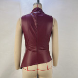 Statement Leather Stack-neck Waist-cut Sleeveless Top