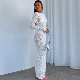 Solid Color Lace See-through Long-sleeved Dress