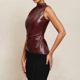 Statement Leather Stack-neck Waist-cut Sleeveless Top