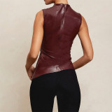 Statement Leather Stack-neck Waist-cut Sleeveless Top