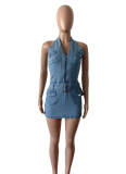 New Hanging Neck Stretchy Backless Denim Dresses