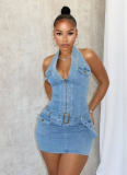 New Hanging Neck Stretchy Backless Denim Dresses